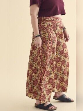 Earth Bound Trading Crimson Sari Boho Floral Wide-Leg Palazzo Gaucho Pants